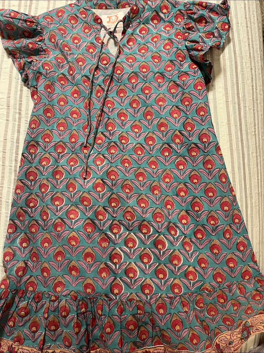 Girls Victoria Dunn Teal Floral Tie-Front Dress with Pink and Red Accents size 8